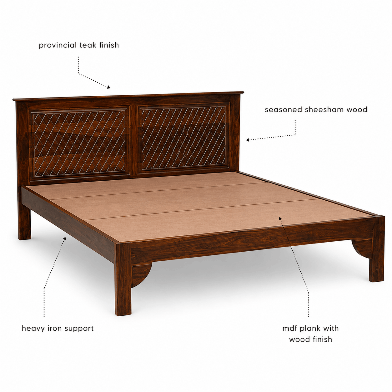 Wooden bed frame with labeled components on a white background