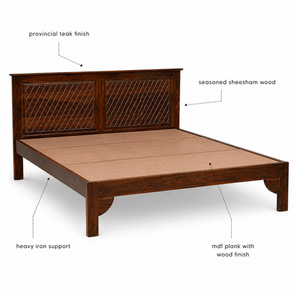 Wooden bed frame with labeled components on a white background