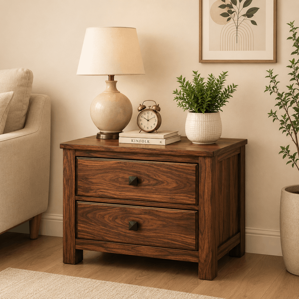 Wooden nightstand with lamp, clock, and plant in a home setting