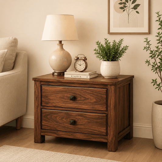 Wooden nightstand with lamp, clock, and plant in a home setting