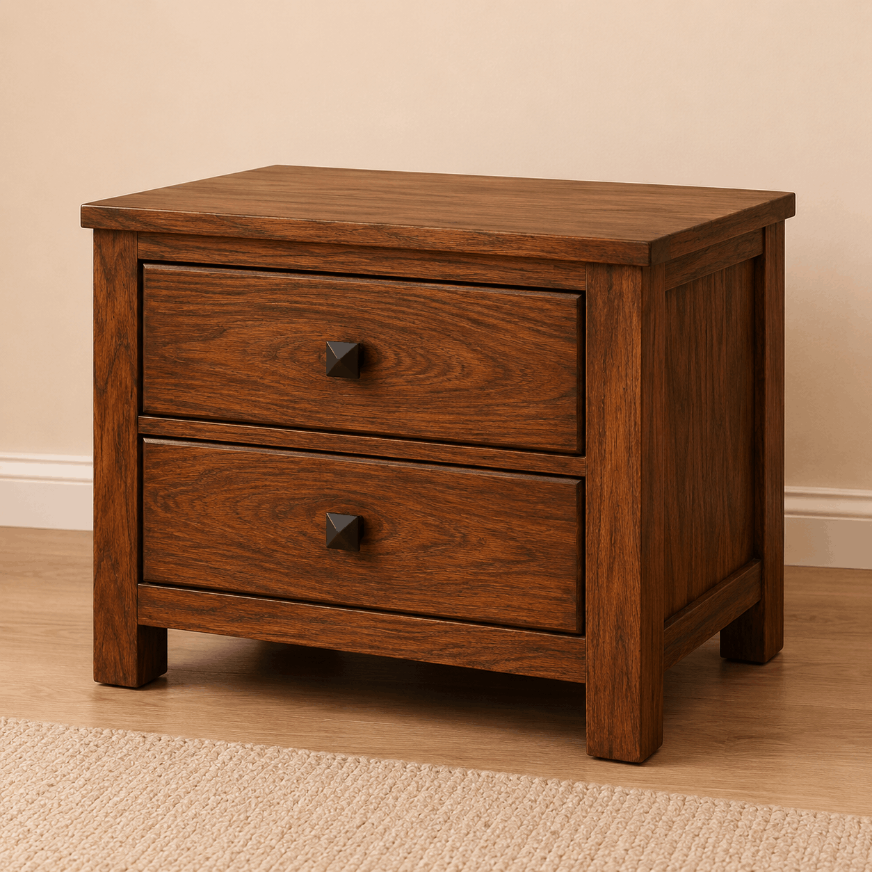 Wooden nightstand with two drawers on a wooden floor.