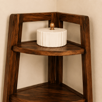 Wooden corner shelf with a white decorative item on a beige wall background