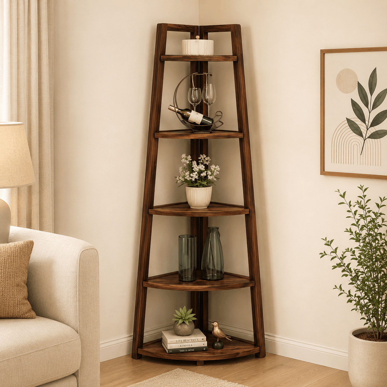 Wooden corner shelf with decorative items in a living room setting