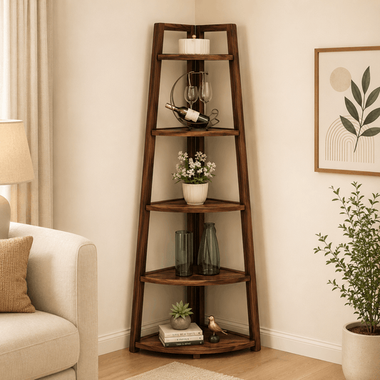 Wooden corner shelf with decorative items in a living room setting