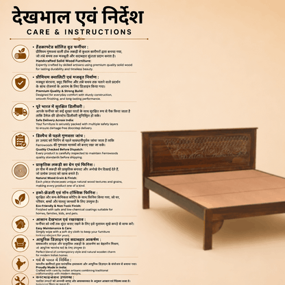 Wooden bed with care and instructions text on a beige background