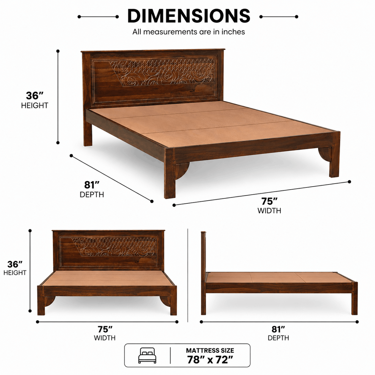 Wooden bed with dimensions labeled on a white background