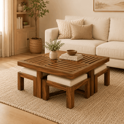Wooden coffee table with books and a plant in a living room setting.