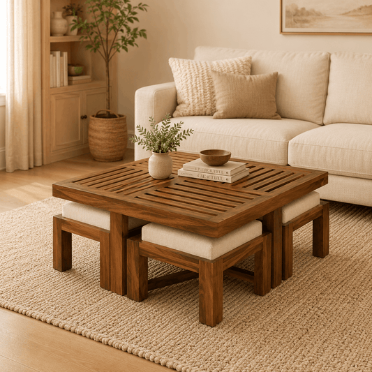 Wooden coffee table with books and a plant in a living room setting.