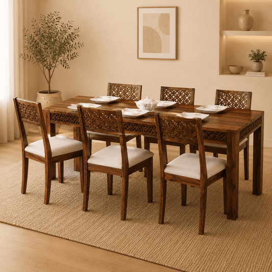 Dining room with wooden table and chairs on a beige rug