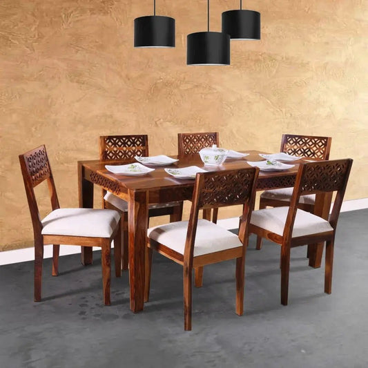 ROYALE DINING SET OF WITH 6 CHAIRS SOLID WOOD IN HONEY FINISH -