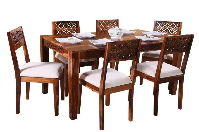 ROYALE DINING SET OF WITH 6 CHAIRS SOLID WOOD IN HONEY FINISH - Ferrowoods