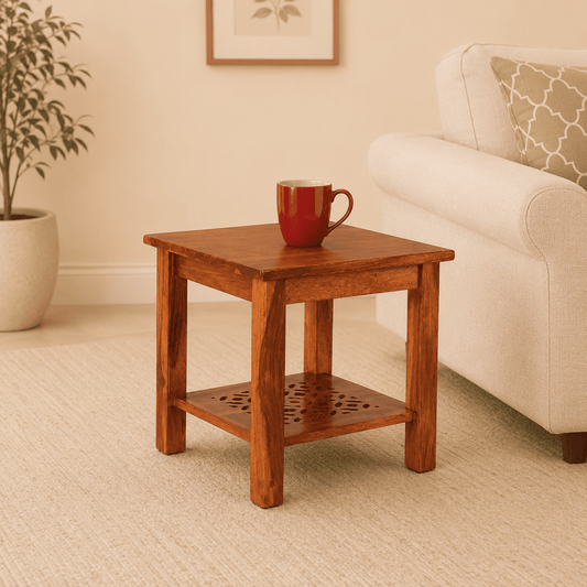 Wooden side table with a red mug in a living room setting