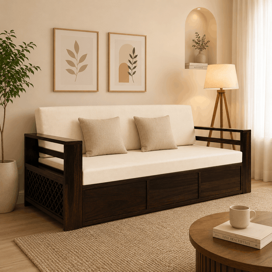 Wooden sofa bed in a living room setting with decor elements.