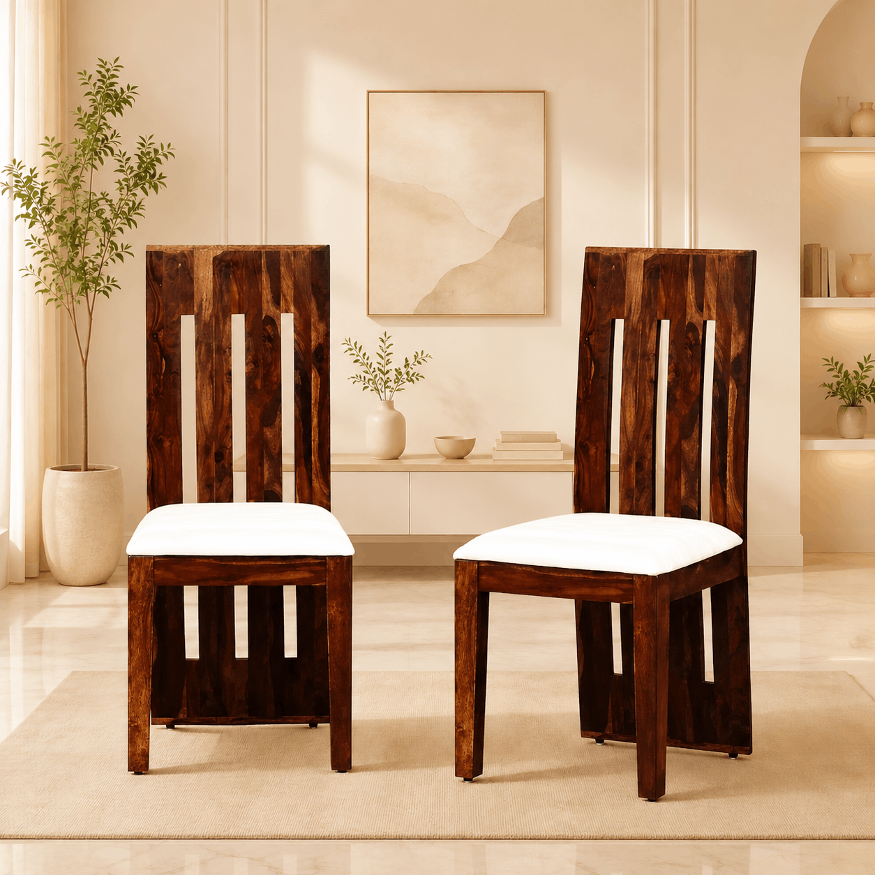 Two wooden chairs with white cushions in a modern living room setting.