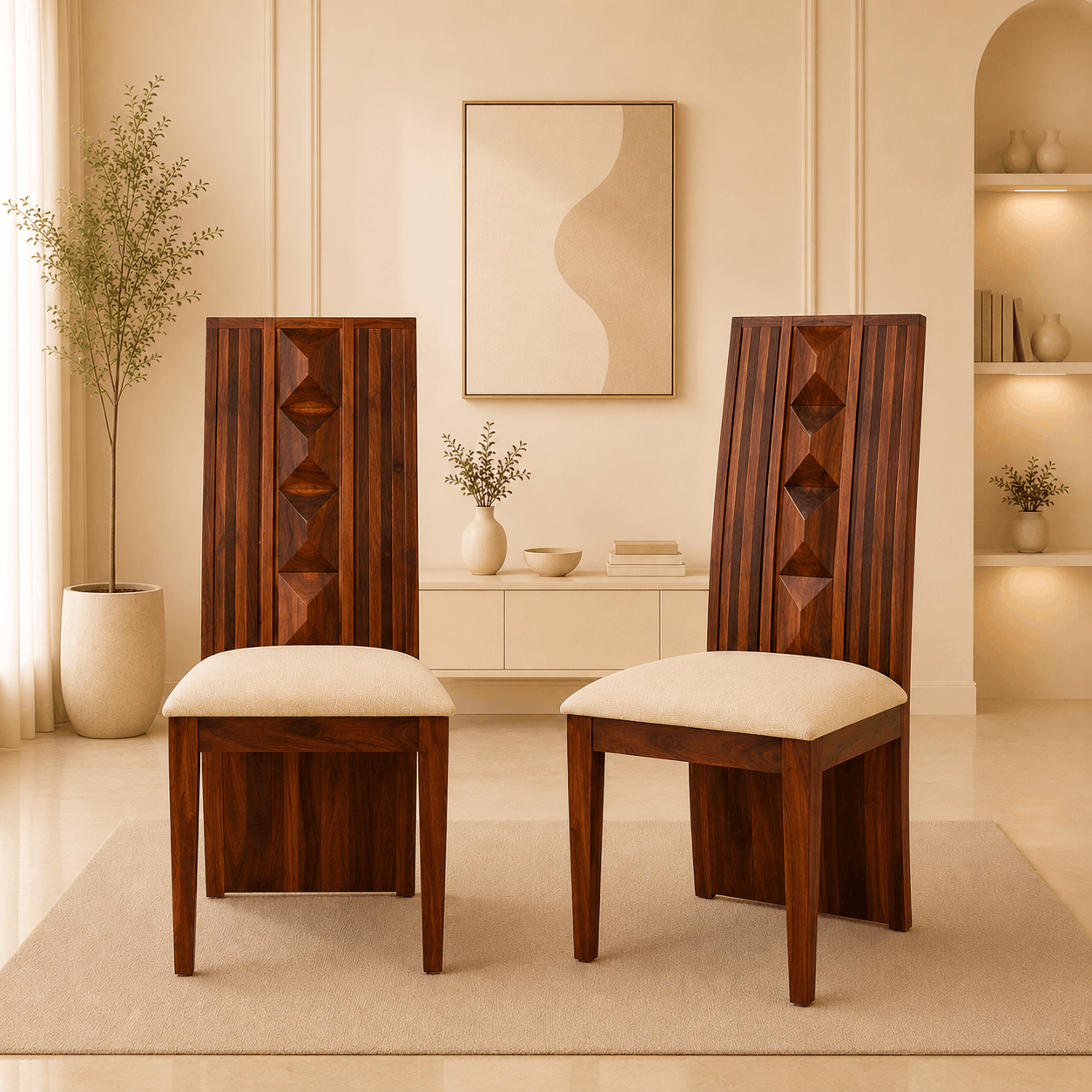 Two wooden chairs with cream cushions in a stylish room.