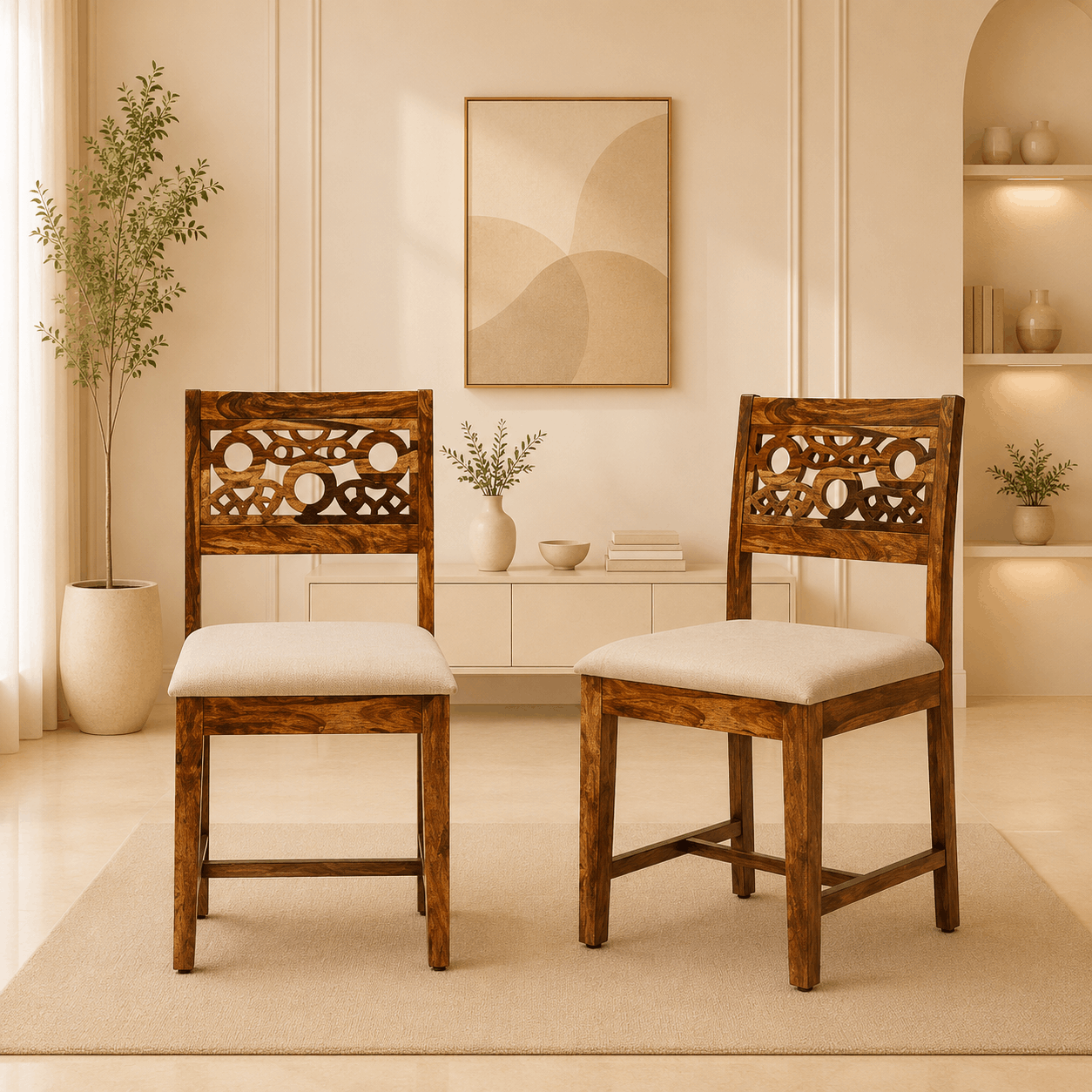 Two wooden chairs with white cushions in a room with a painting and plants.