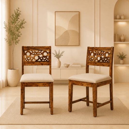 Two wooden chairs with white cushions in a room with a painting and plants.