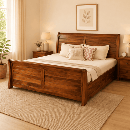 Wooden bed in a bedroom with decorative pillows and lamps.