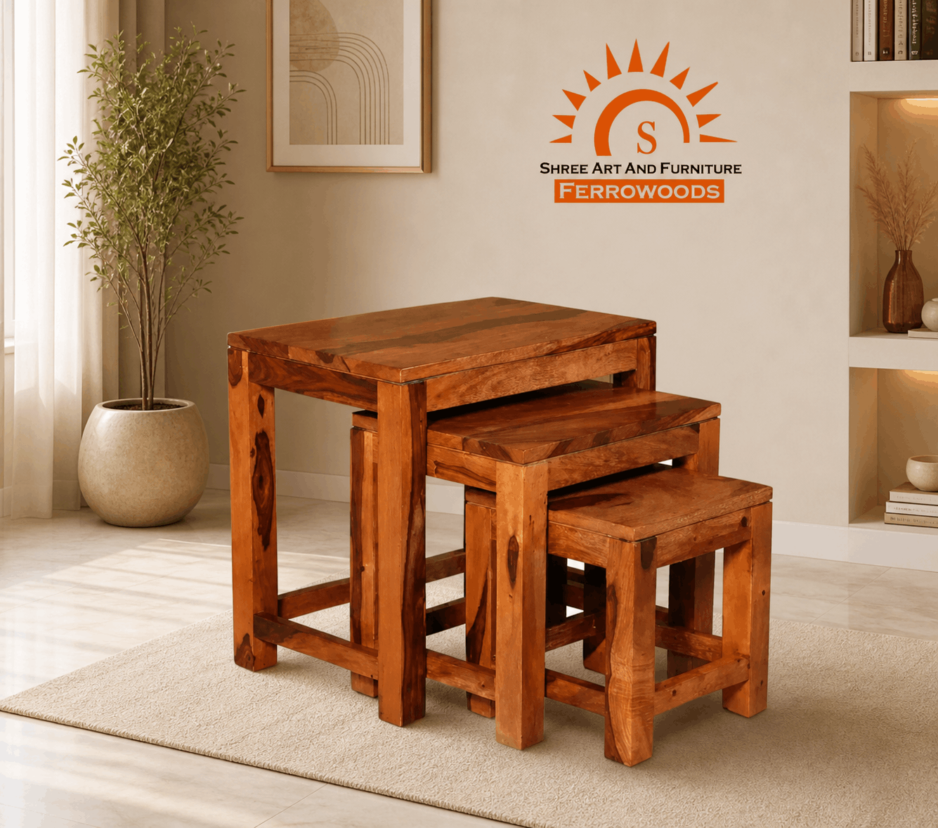 Set of wooden nesting tables in a room with decor elements.