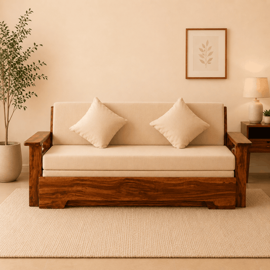 Wooden sofa with beige cushions in a room with a plant and framed picture on the wall.