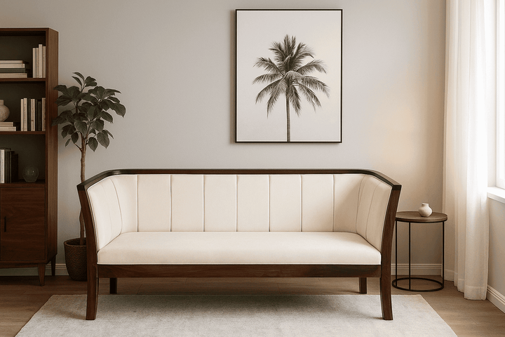 Handcrafted Sheesham wood 3 seater sofa with white upholstered cushions, modern solid wood frame, premium living room furniture.