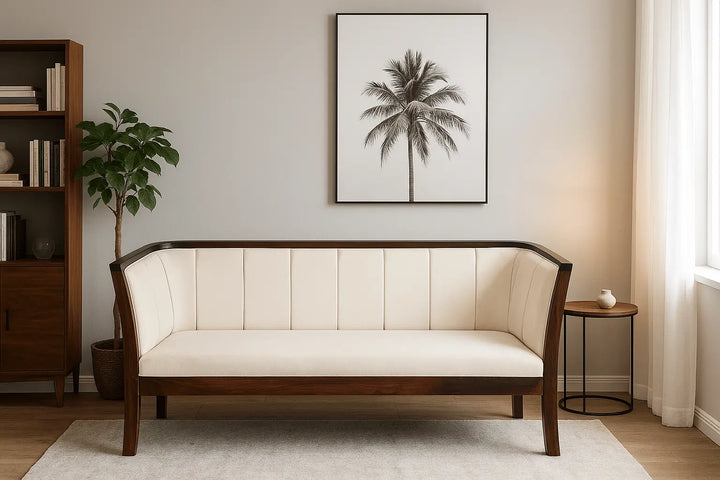 Handcrafted Sheesham wood 3 seater sofa with white upholstered cushions, modern solid wood frame, premium living room furniture.