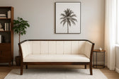 Handcrafted Sheesham wood 3 seater sofa with white upholstered cushions, modern solid wood frame, premium living room furniture.