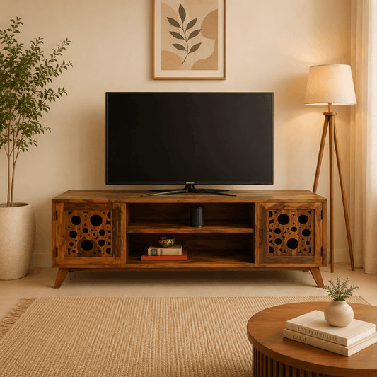 Wooden TV stand with a television in a living room setting.