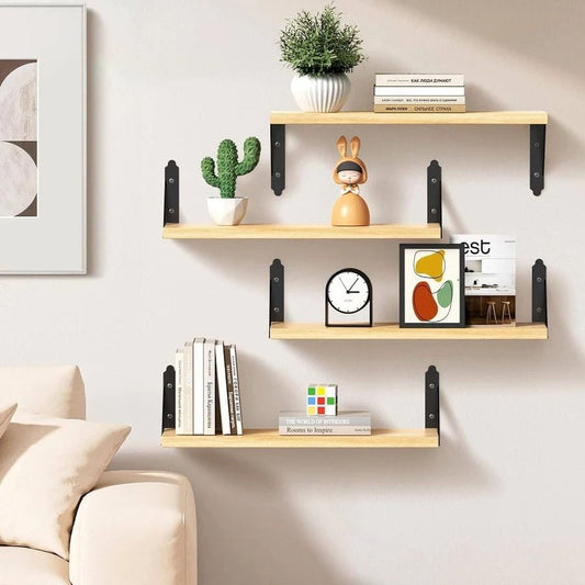 Wooden wall shelves with decorative items against a light wall.