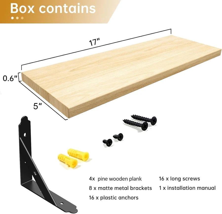 Wooden shelf with brackets, screws, and anchors on a white background