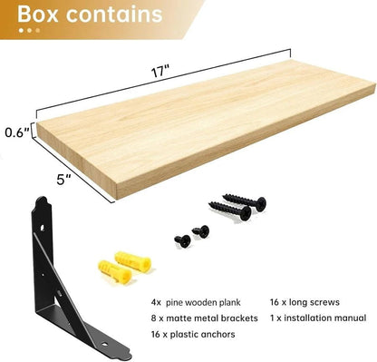 Wooden shelf with brackets, screws, and anchors on a white background