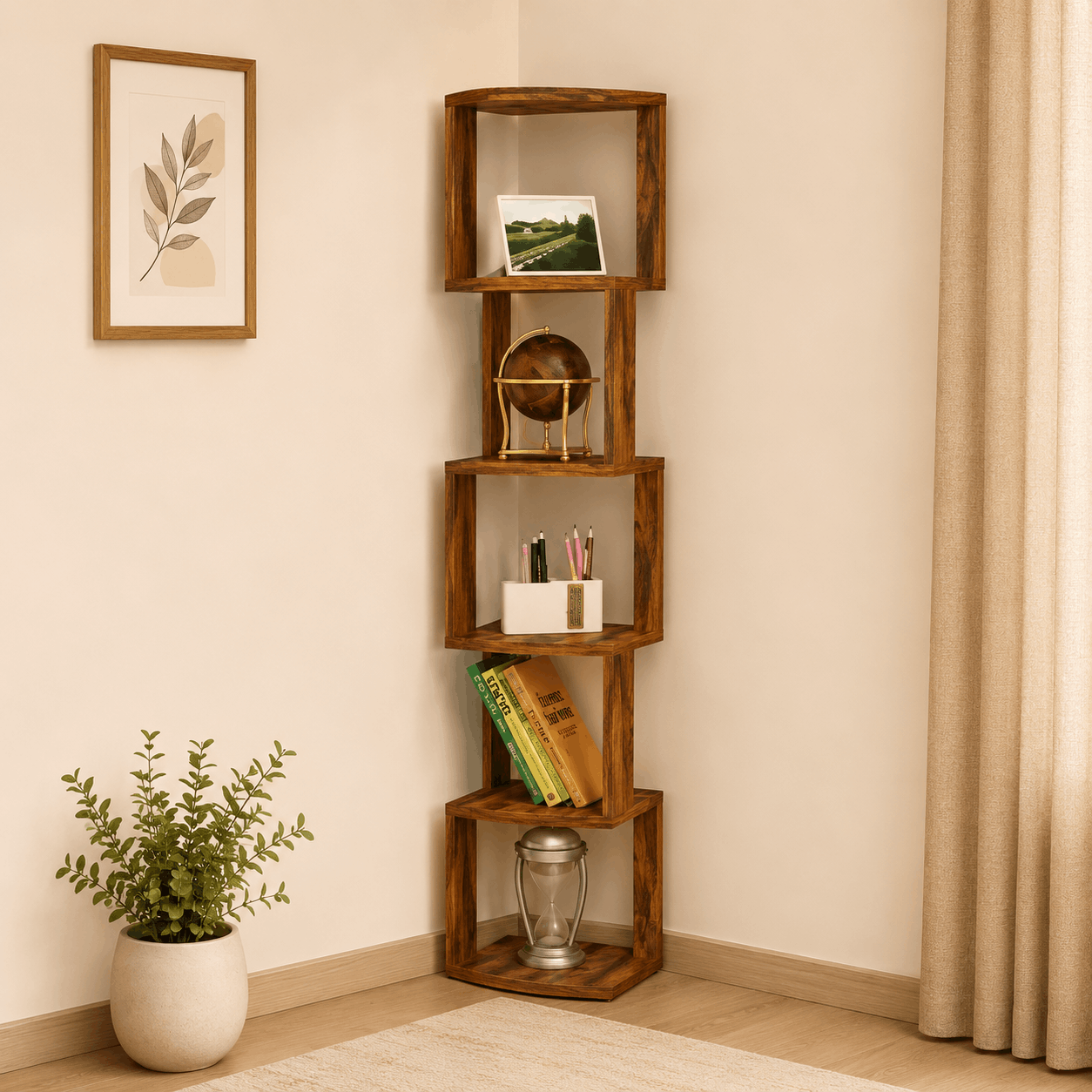 Wooden corner shelf with decorative items against a beige wall.