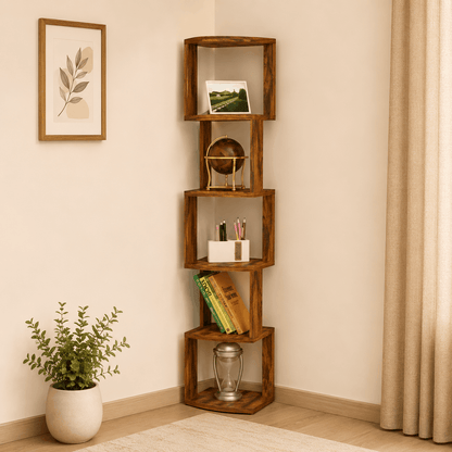 Wooden corner shelf with decorative items against a beige wall.