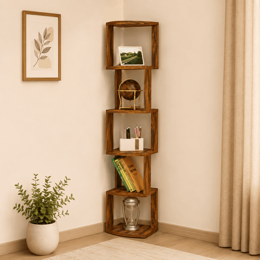 Wooden corner shelf with decorative items against a beige wall.