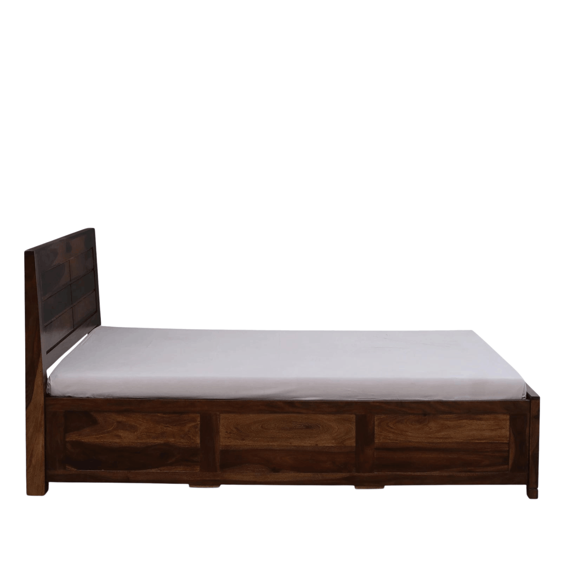 Wooden bed frame with storage box on a white background
