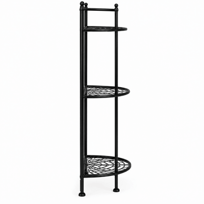 Black corner shelf with multiple tiers on a white background