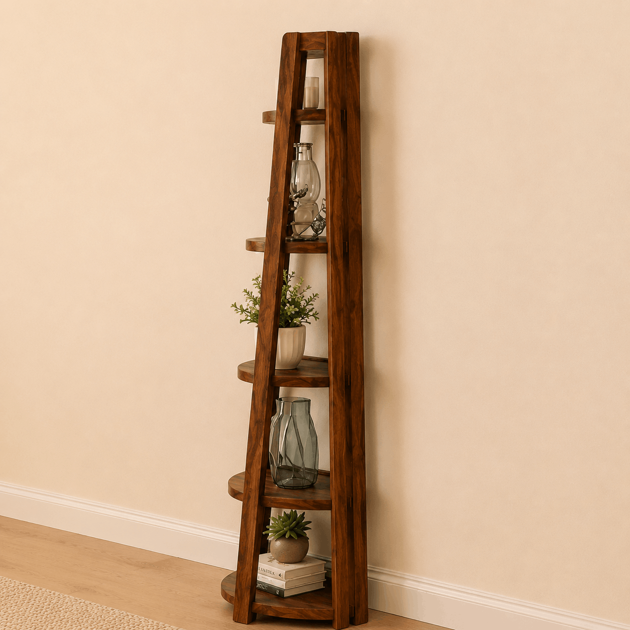 Wooden ladder shelf with decorative items against a beige wall
