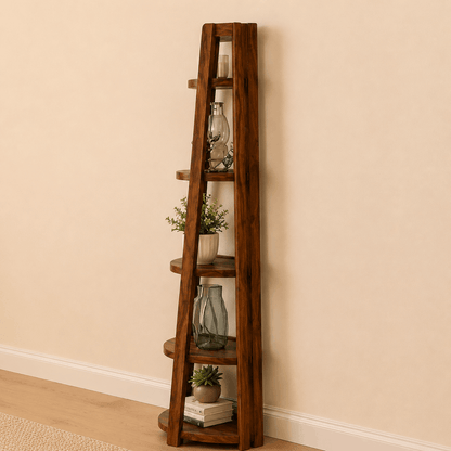 Wooden ladder shelf with decorative items against a beige wall