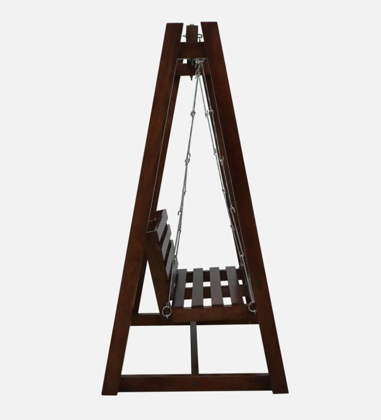 Wooden swing with a dark brown finish on a white background