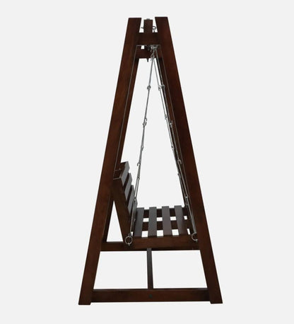 Wooden swing with a dark brown finish on a white background