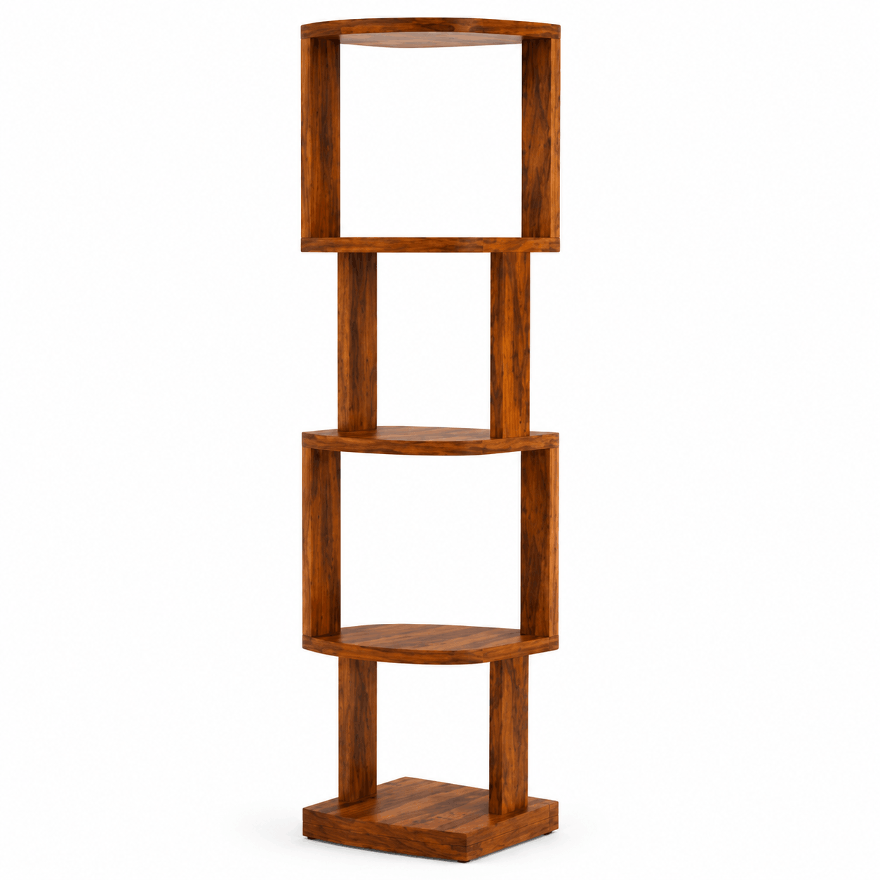 Wooden corner shelf with four shelves on a white background