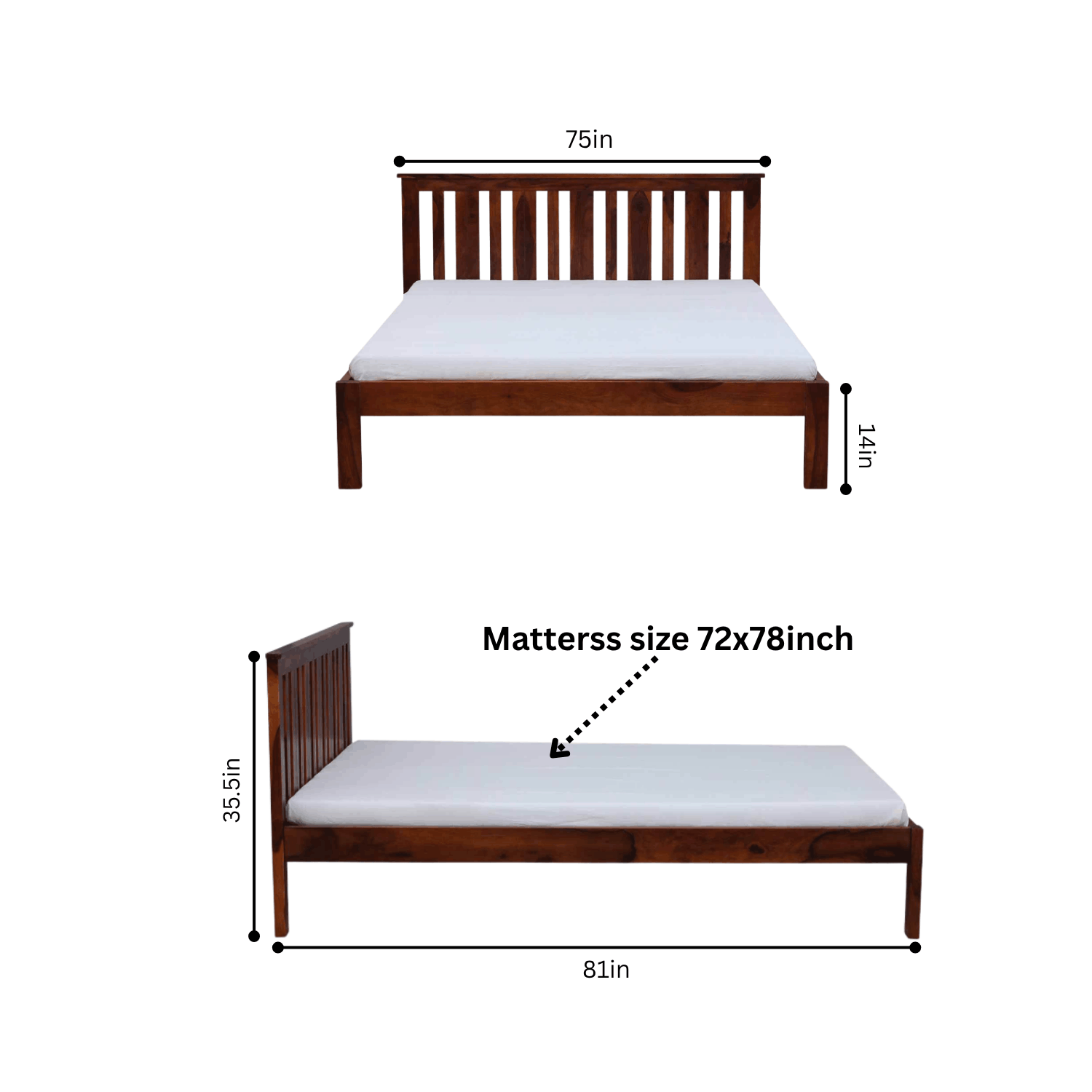 Wooden bed frame with mattress dimensions labeled on a white background