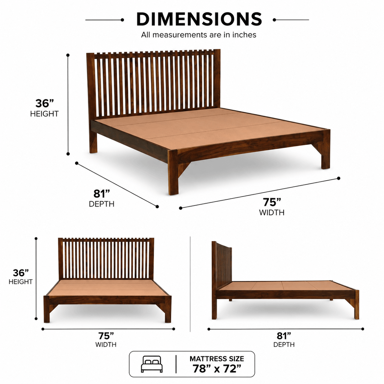 Wooden bed frame with dimensions labeled on a white background