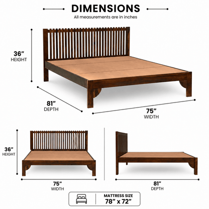 Wooden bed frame with dimensions labeled on a white background