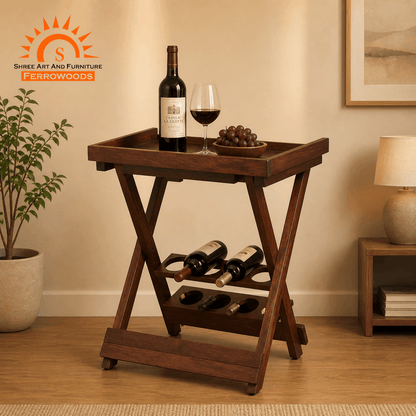 Wooden wine rack with bottles and a glass in a home setting, featuring Ferrowoods brand.