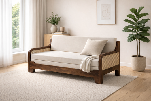 Wooden sofa with white cushions in a bright room with plants and a window.