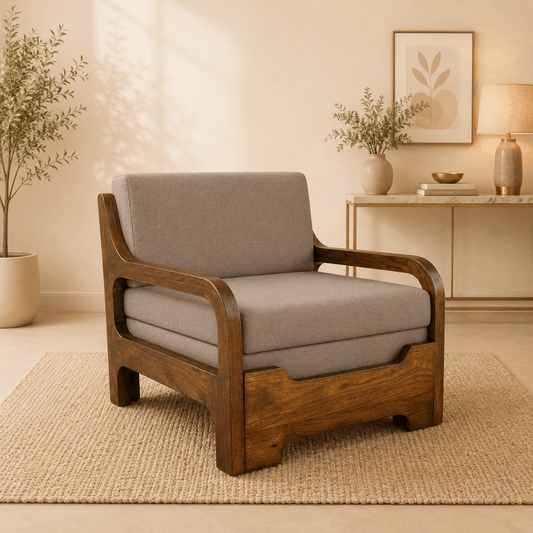 Wooden armchair with gray cushion in a cozy room setting