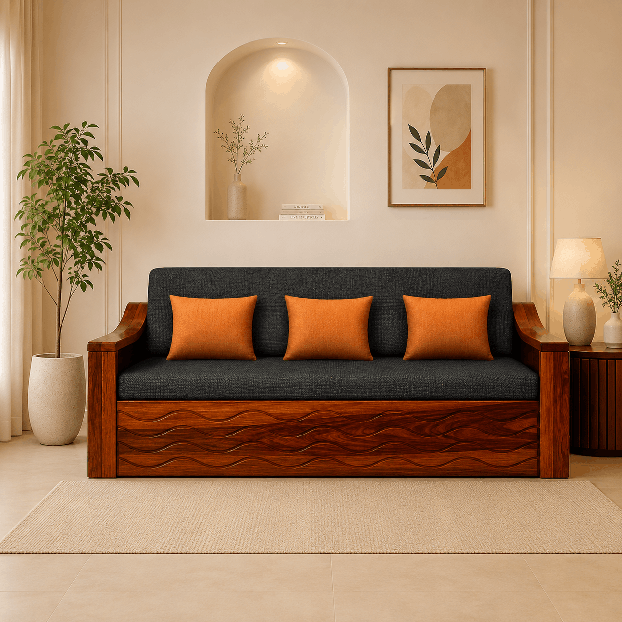 Wooden sofa with dark cushions and orange pillows in a living room setting.
