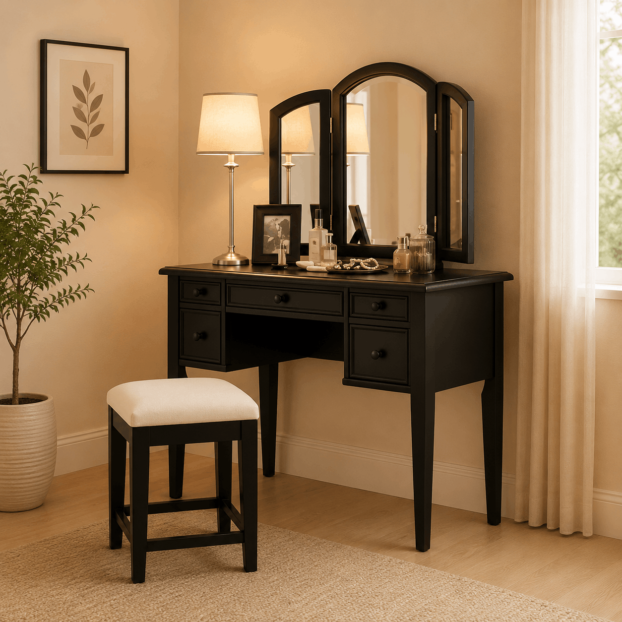 Black vanity desk with mirror and stool in a room with a lamp and plant.