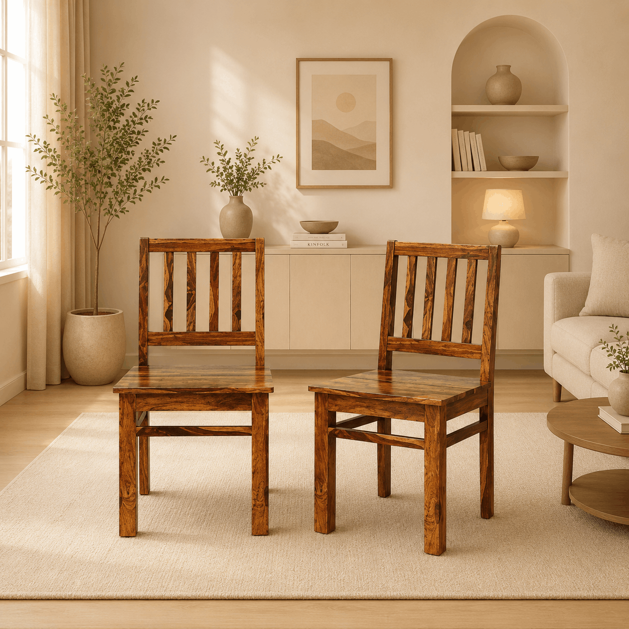 Two wooden chairs in a living room with decor elements.